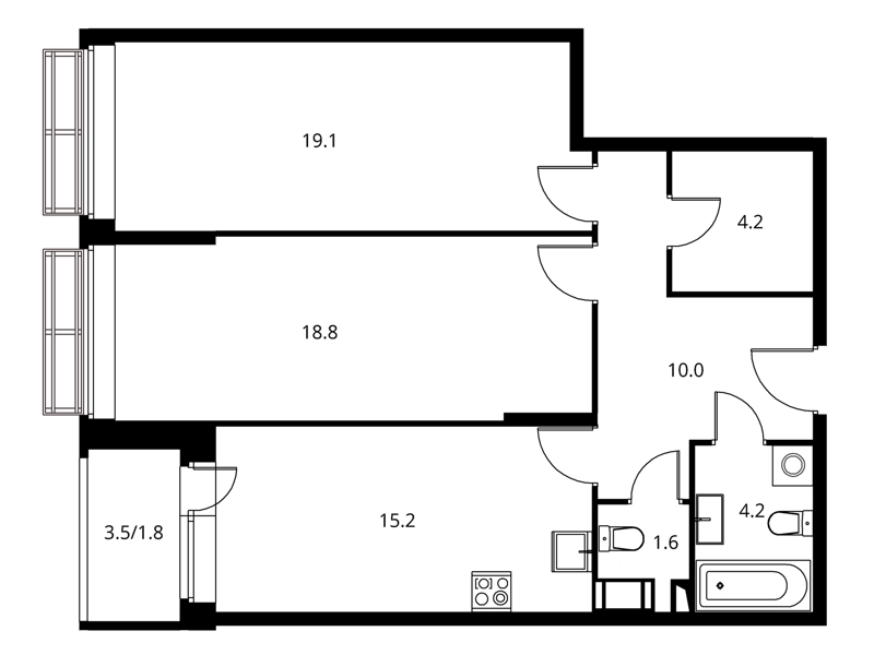 2-комнатная квартира 74.88 м² Солнечный Парк