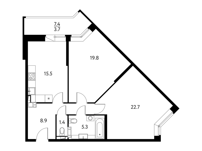 2-комнатная квартира 77.29 м² Солнечный Парк