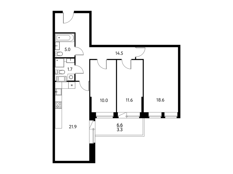 3-комнатная квартира 88.8 м² Солнечный Парк