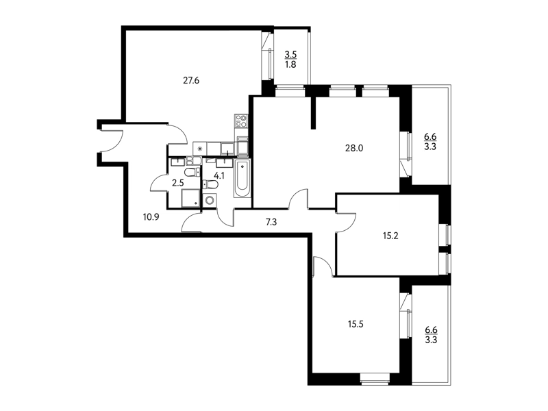 3-комнатная квартира 119.57 м² Солнечный Парк