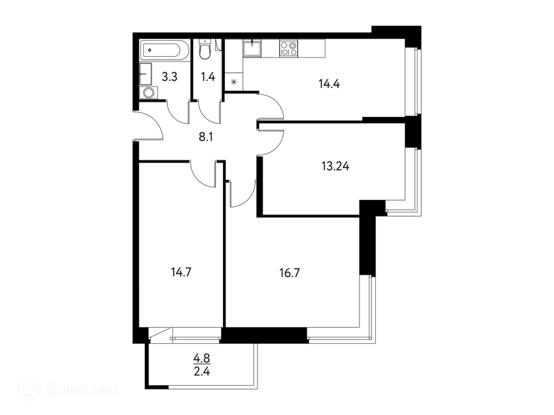 3-комнатная квартира 74.17 м² Солнечный Парк
