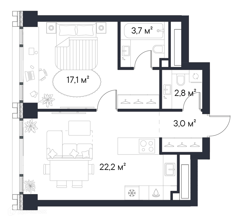 1-комнатная квартира 48.8 м² Первый Нагатинский