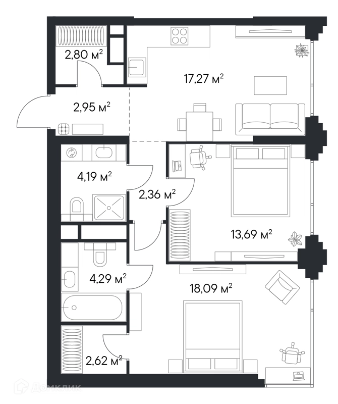2-комнатная квартира 68.26 м² Первый Нагатинский
