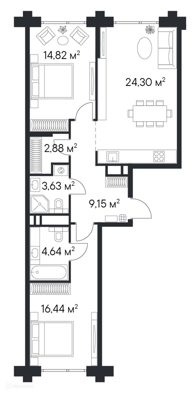 2-комнатная квартира 75.07 м² Первый Нагатинский