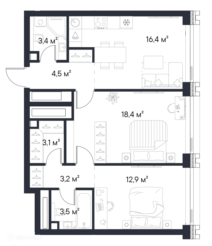 2-комнатная квартира 65.4 м² Первый Нагатинский