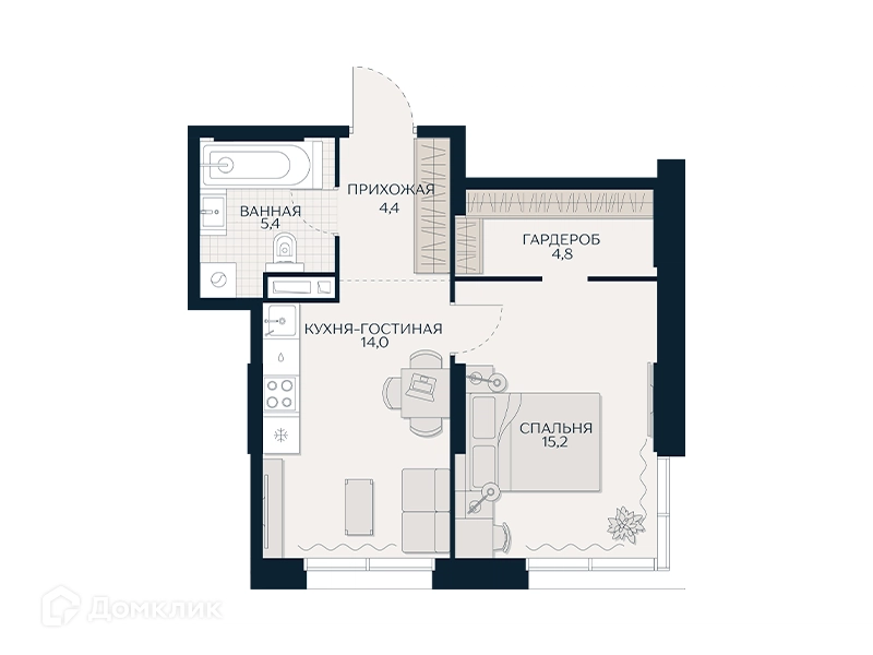 1-комнатная квартира 43.7 м² Кутузов Сити