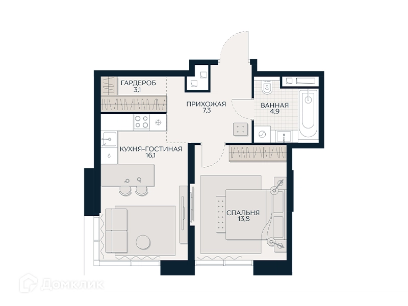 1-комнатная квартира 45.5 м² Кутузов Сити