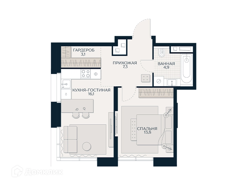1-комнатная квартира 45.4 м² Кутузов Сити