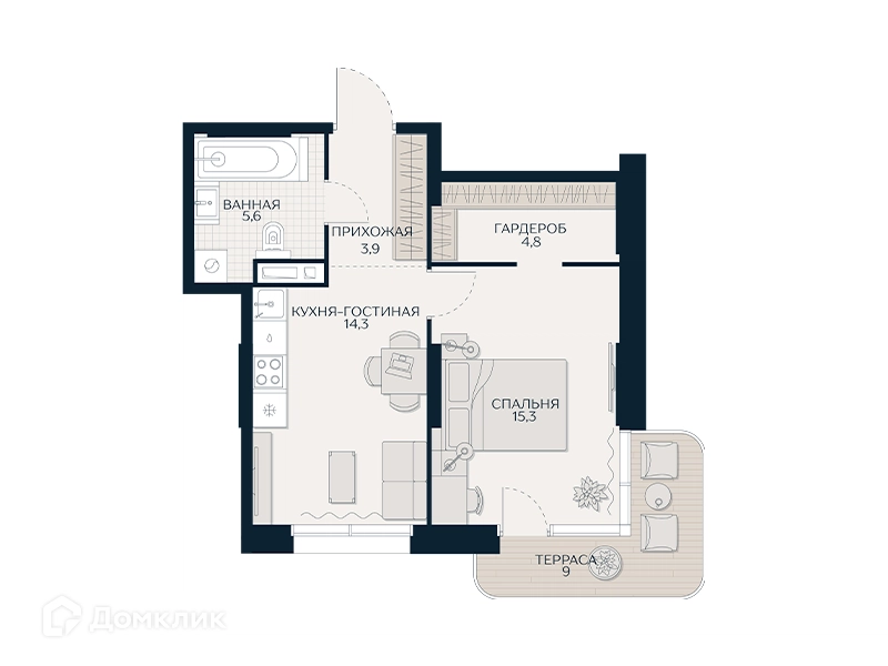 1-комнатная квартира 46.4 м² Кутузов Сити
