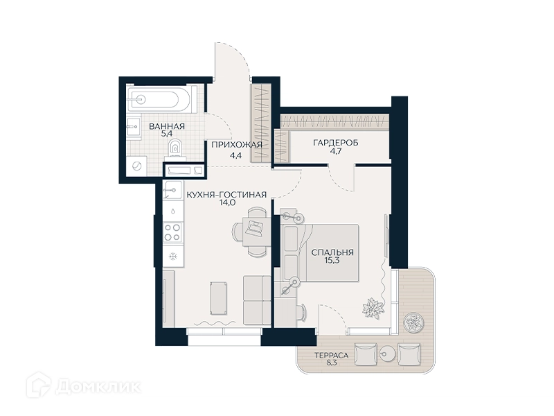 1-комнатная квартира 46.2 м² Кутузов Сити
