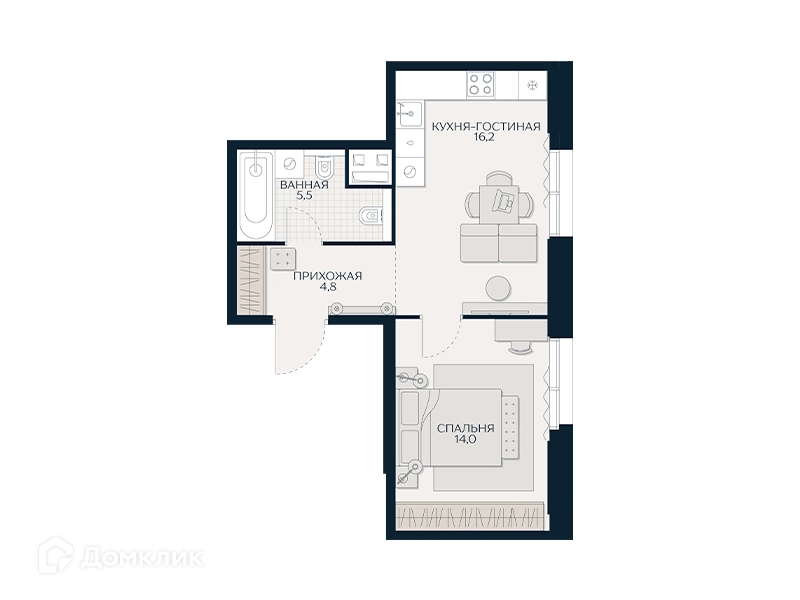 1-комнатная квартира 41.2 м² Кутузов Сити