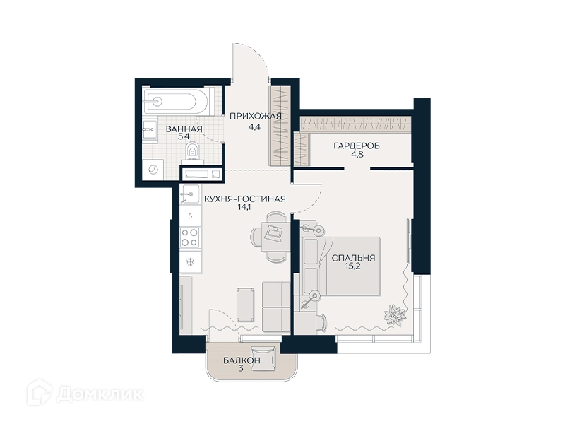 1-комнатная квартира 44.6 м² Кутузов Сити
