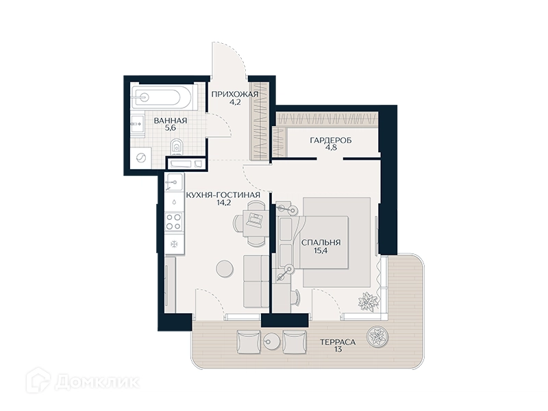 1-комнатная квартира 47.8 м² Кутузов Сити