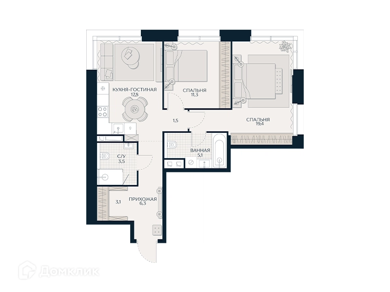 2-комнатная квартира 69 м² Кутузов Сити