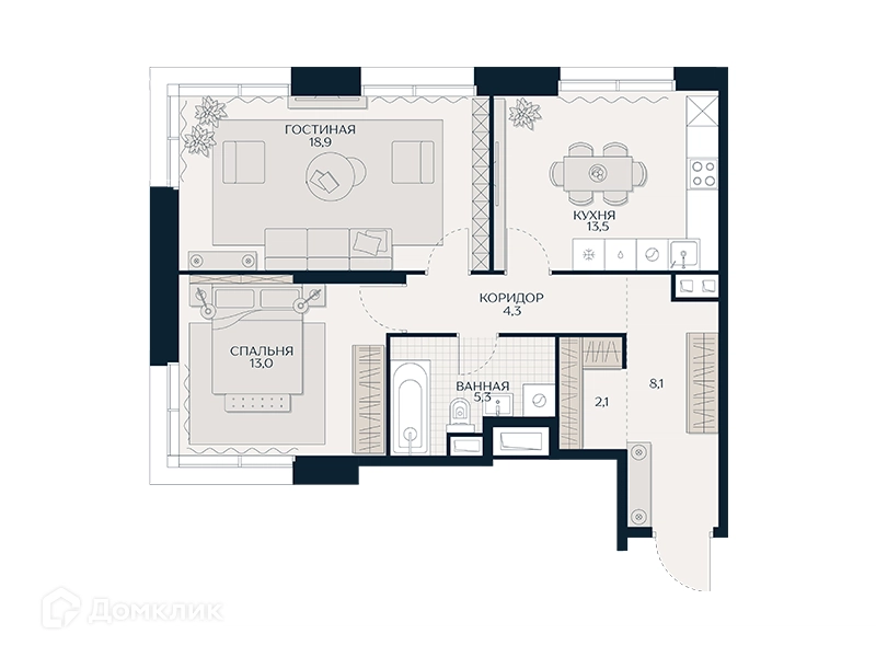 2-комнатная квартира 66.6 м² Кутузов Сити