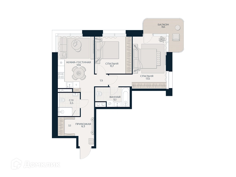 2-комнатная квартира 69.5 м² Кутузов Сити