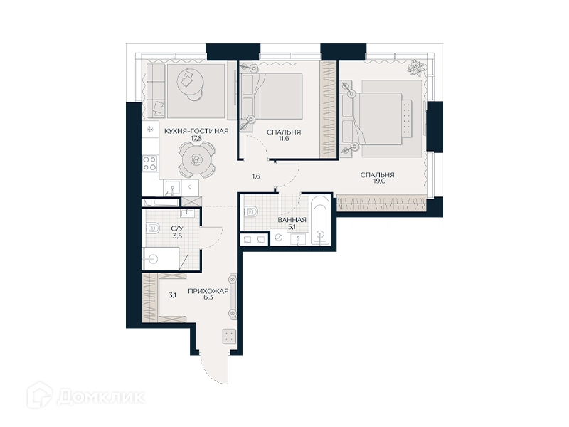 2-комнатная квартира 68.9 м² Кутузов Сити