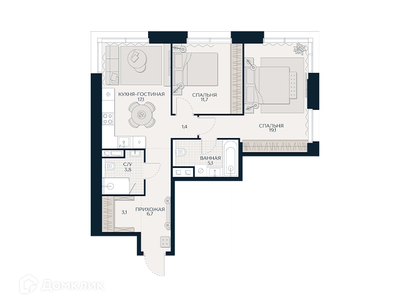 2-комнатная квартира 68.7 м² Кутузов Сити