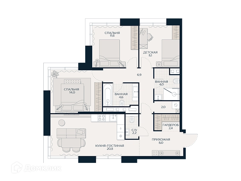 3-комнатная квартира 87.7 м² Кутузов Сити