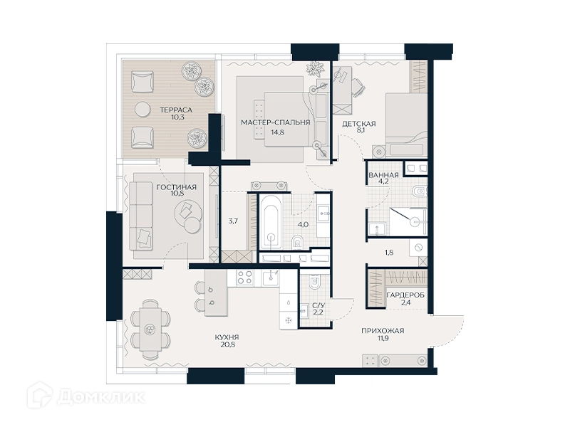 3-комнатная квартира 90.8 м² Кутузов Сити