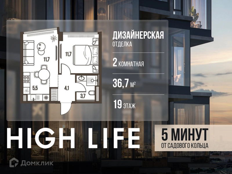 2-комнатная квартира 36.7 м² Хай Лайф