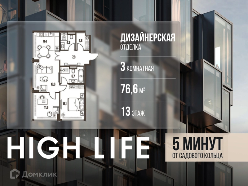 3-комнатная квартира 76.6 м² Хай Лайф