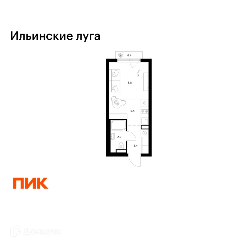 Студия 21 м² Ильинские луга