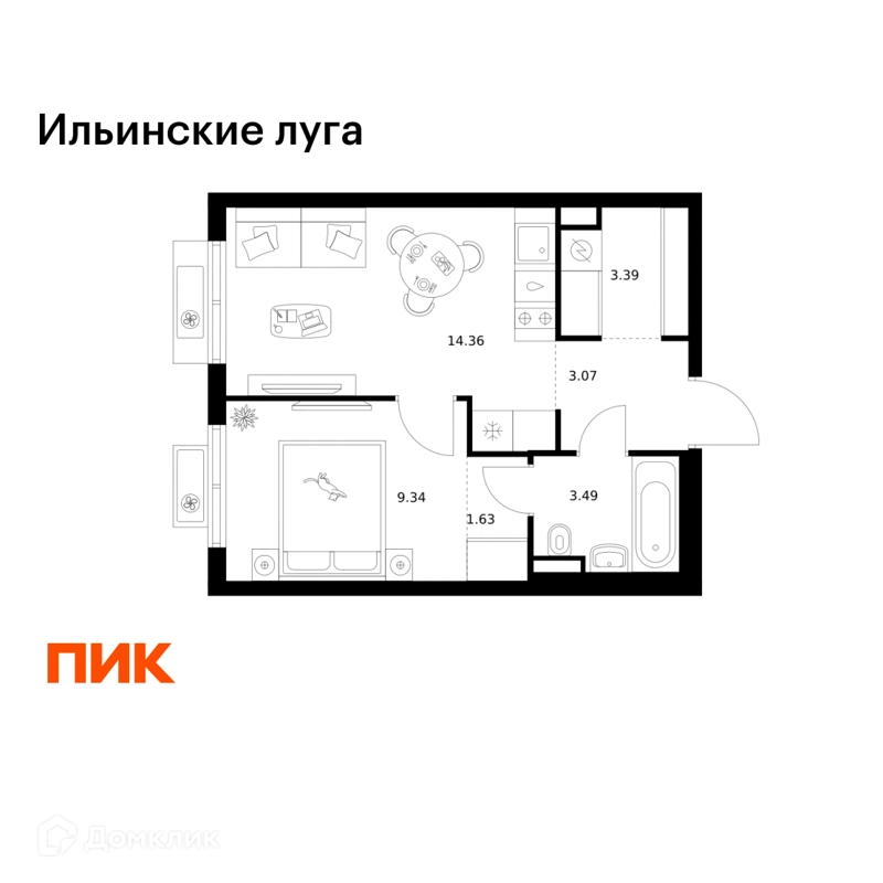 1-комнатная квартира 35.28 м² Ильинские луга