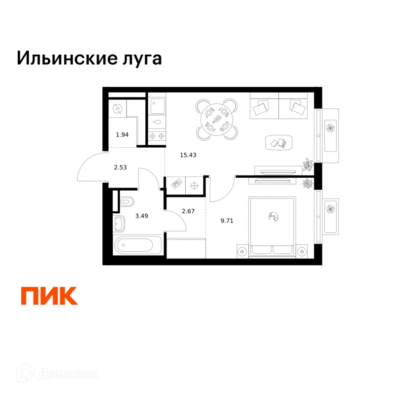 1-комнатная квартира 35.77 м² Ильинские луга