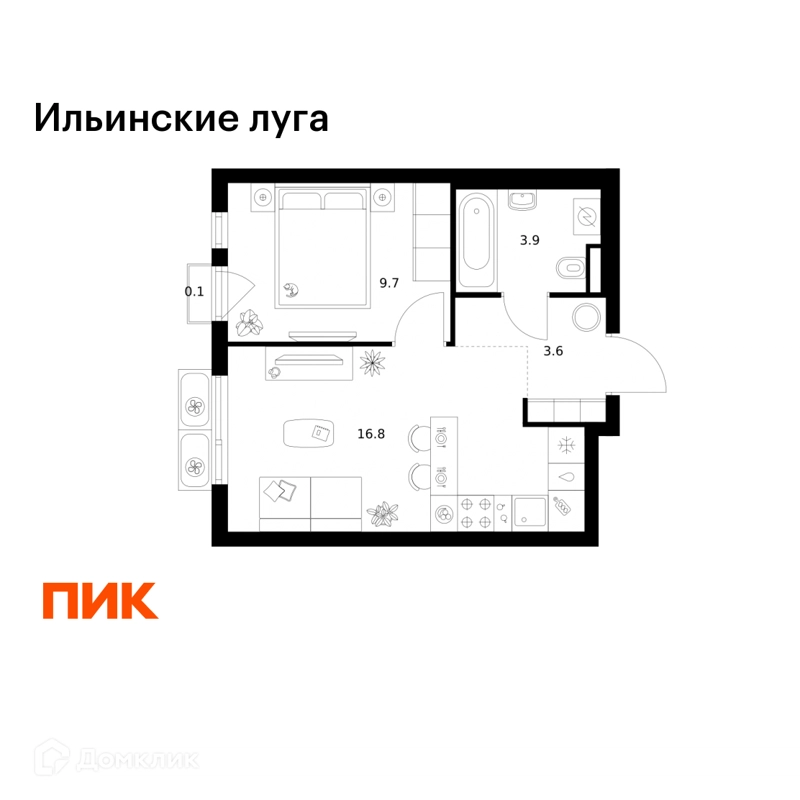 1-комнатная квартира 34.1 м² Ильинские луга