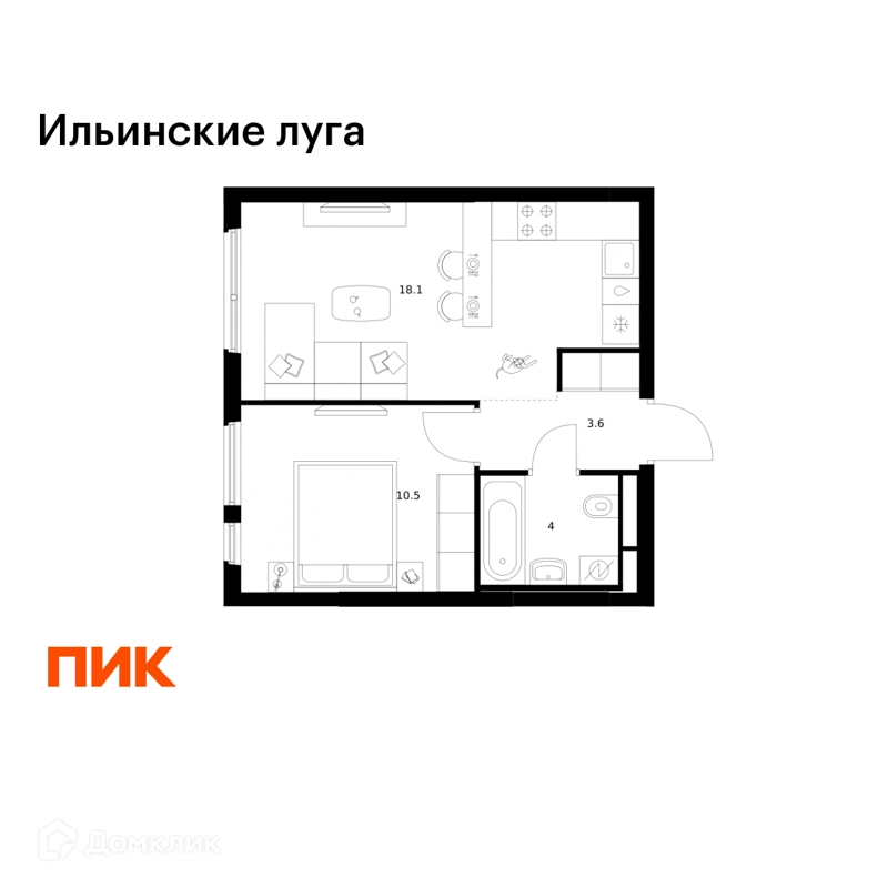 1-комнатная квартира 36.2 м² Ильинские луга
