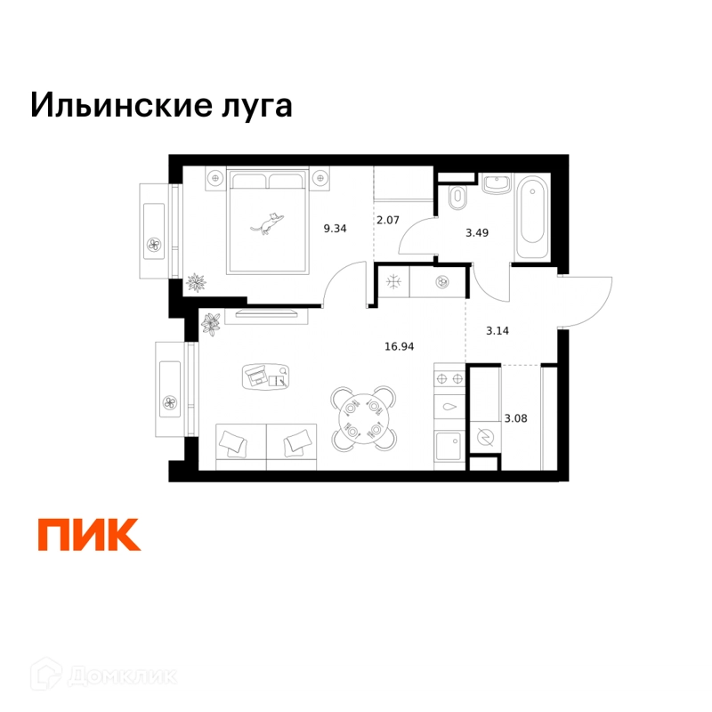 1-комнатная квартира 38.06 м² Ильинские луга