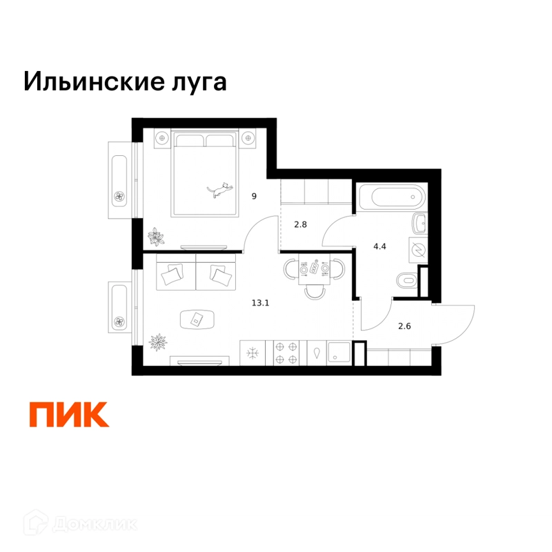 1-комнатная квартира 31.9 м² Ильинские луга