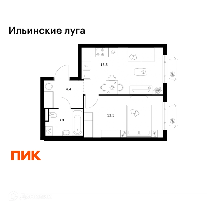 1-комнатная квартира 37.3 м² Ильинские луга
