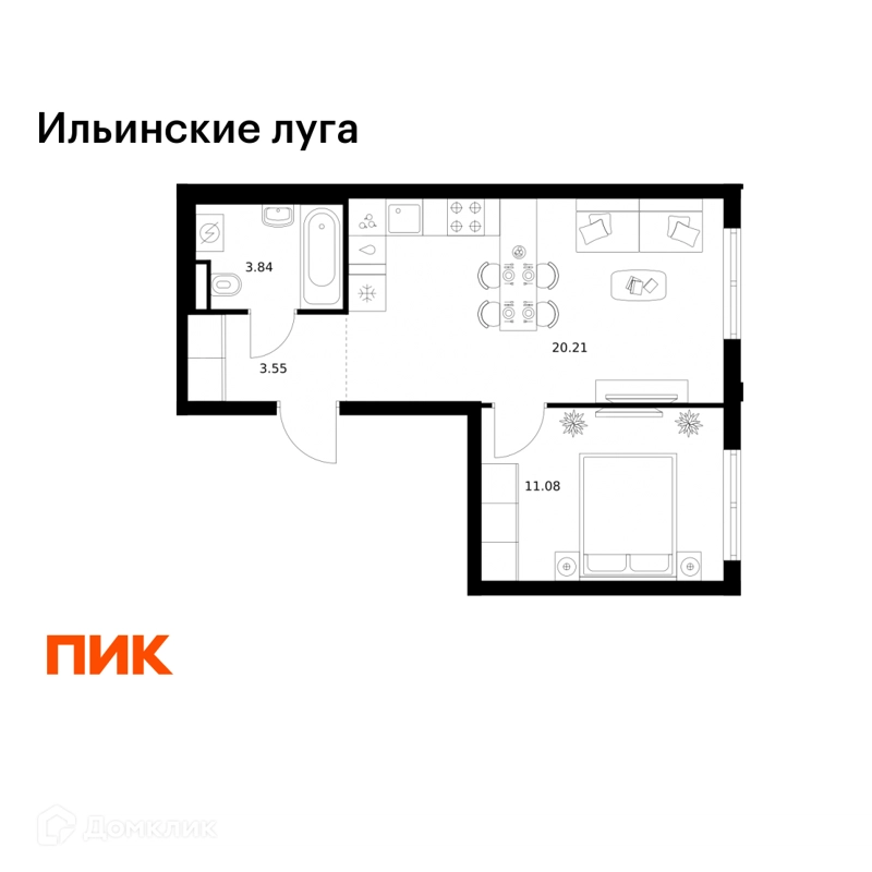 1-комнатная квартира 38.68 м² Ильинские луга