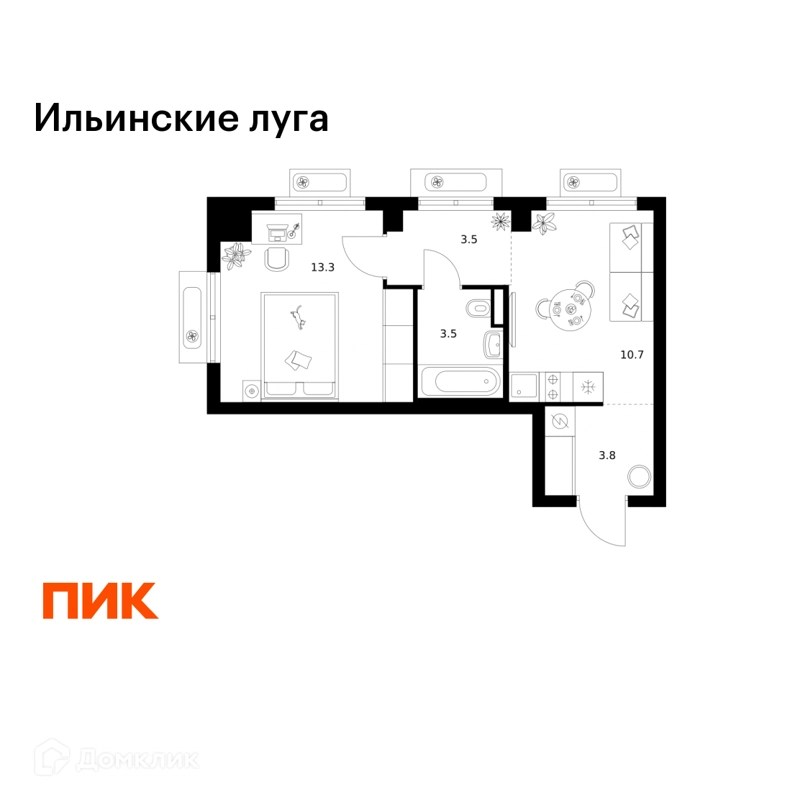1-комнатная квартира 34.8 м² Ильинские луга