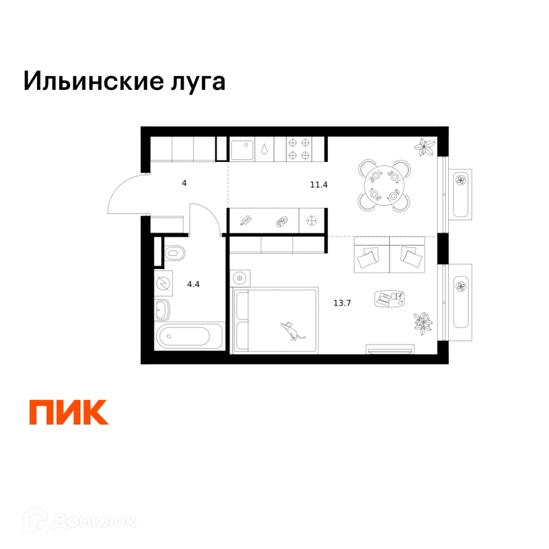 1-комнатная квартира 33.5 м² Ильинские луга