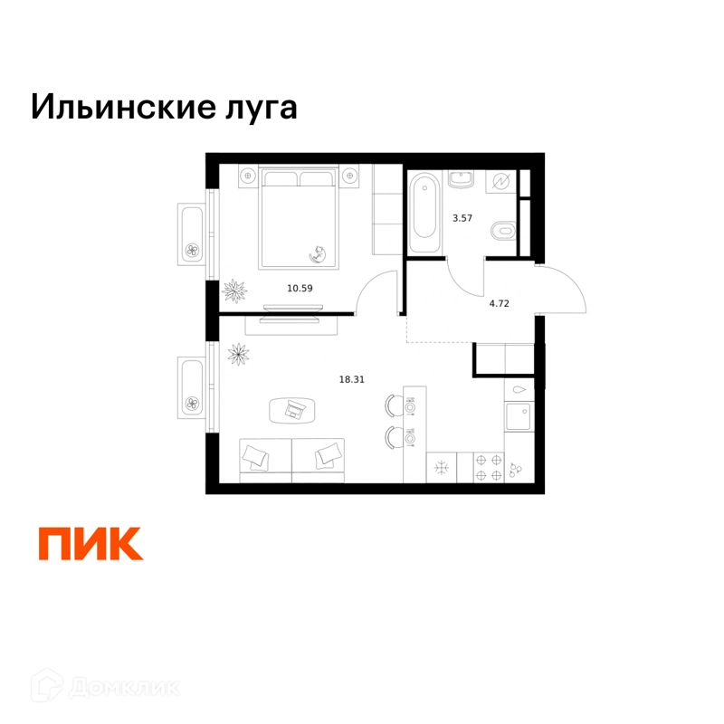 1-комнатная квартира 37.19 м² Ильинские луга