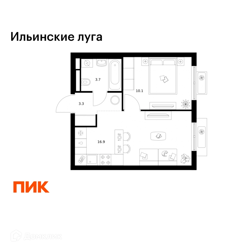 1-комнатная квартира 34 м² Ильинские луга