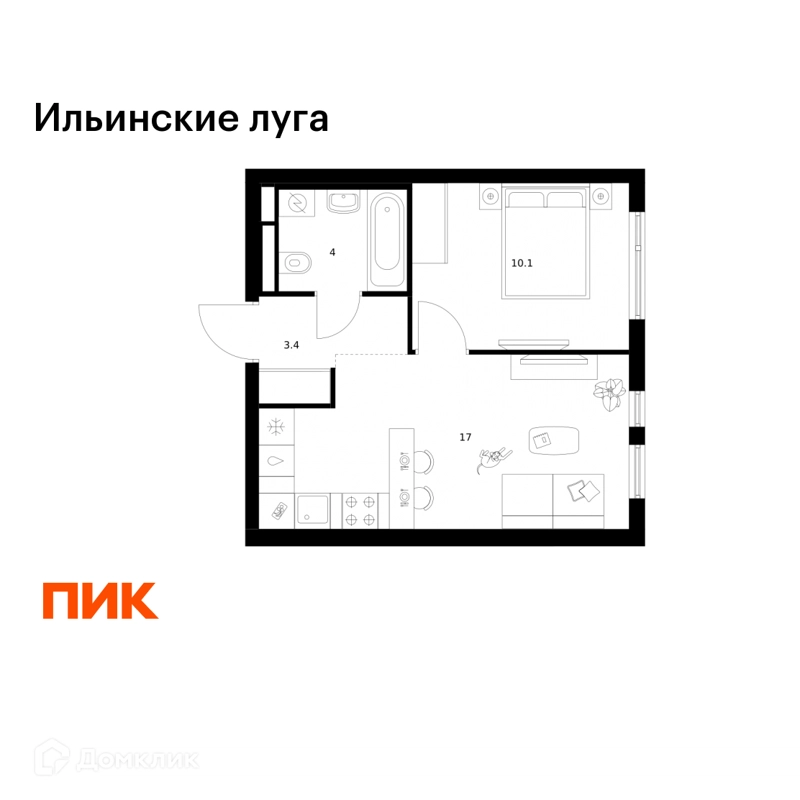 1-комнатная квартира 34.5 м² Ильинские луга