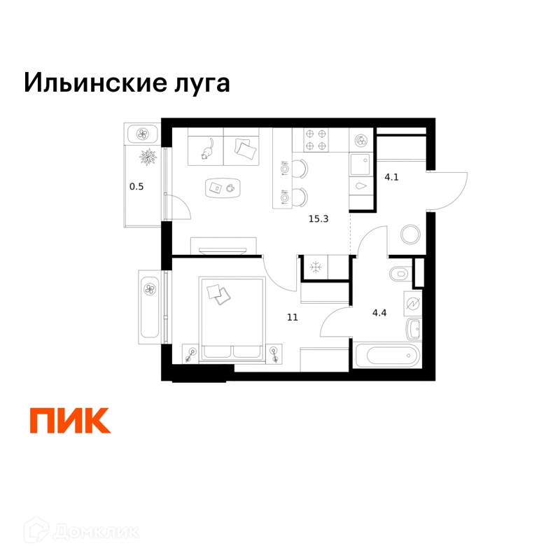 1-комнатная квартира 35.3 м² Ильинские луга