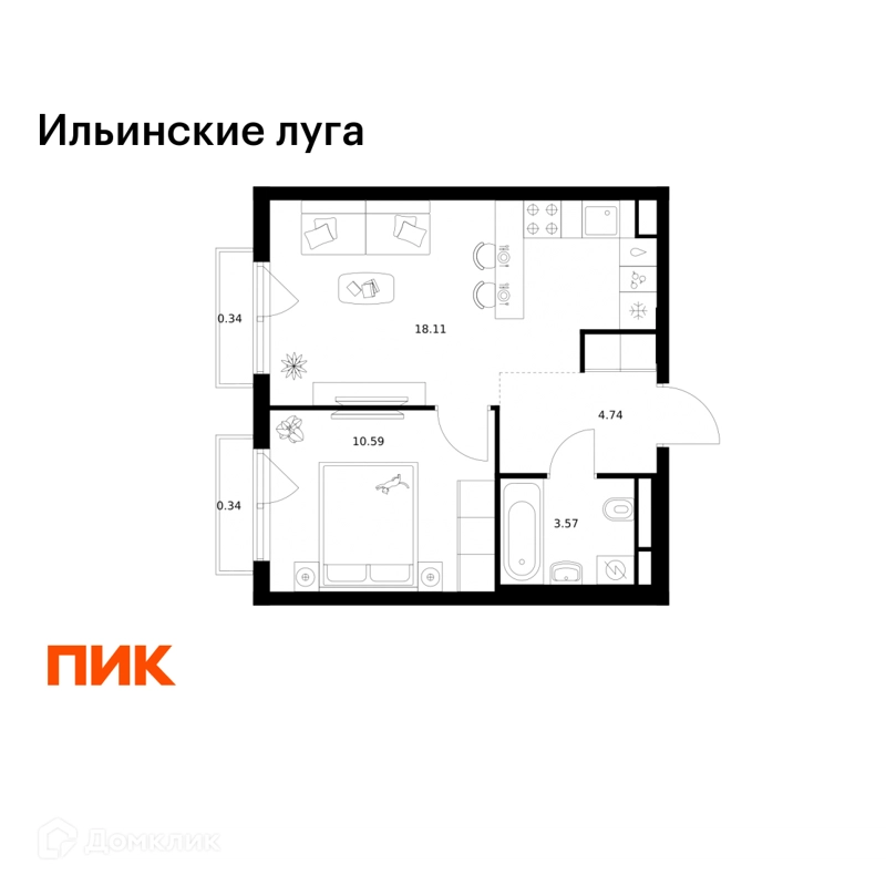 1-комнатная квартира 37.69 м² Ильинские луга