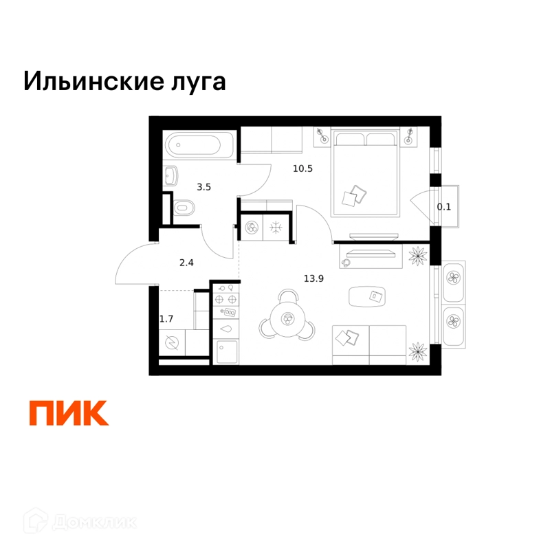 1-комнатная квартира 32.1 м² Ильинские луга