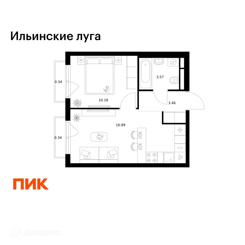 1-комнатная квартира 34.78 м² Ильинские луга