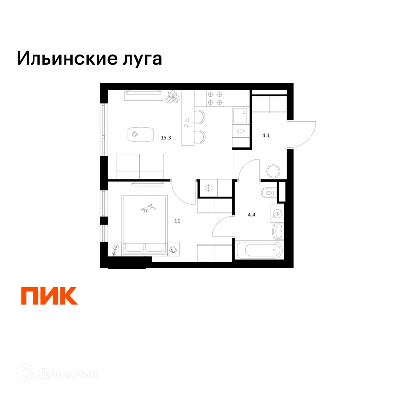 1-комнатная квартира 34.8 м² Ильинские луга