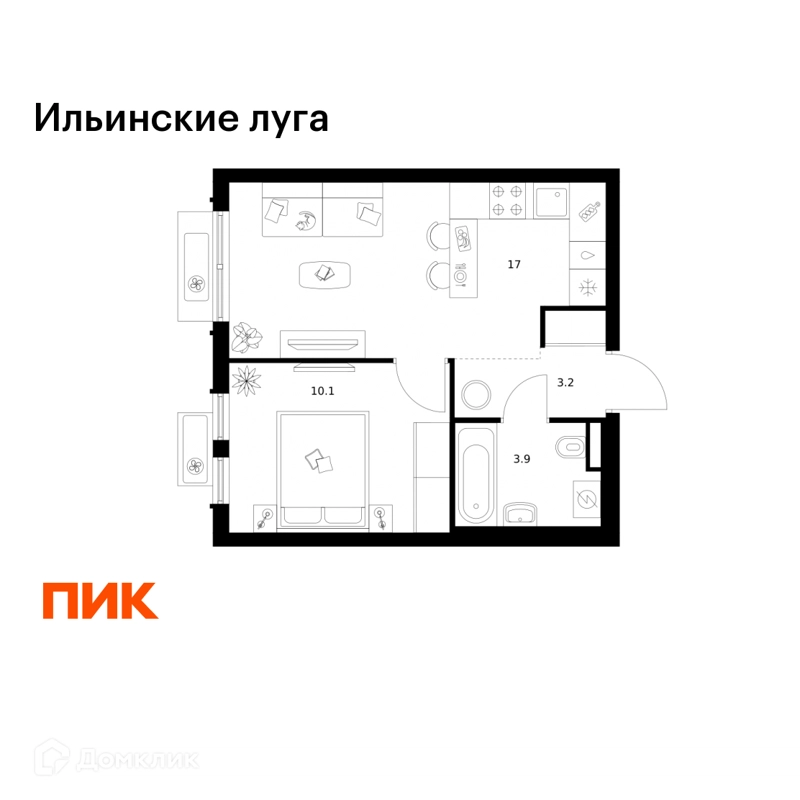 1-комнатная квартира 34.2 м² Ильинские луга