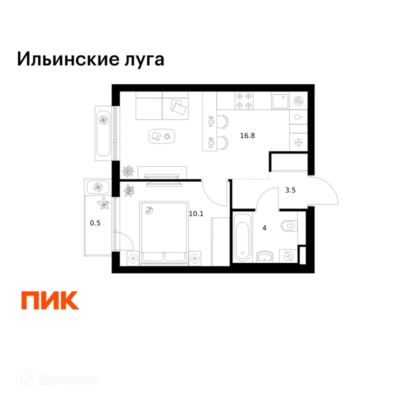 1-комнатная квартира 34.9 м² Ильинские луга