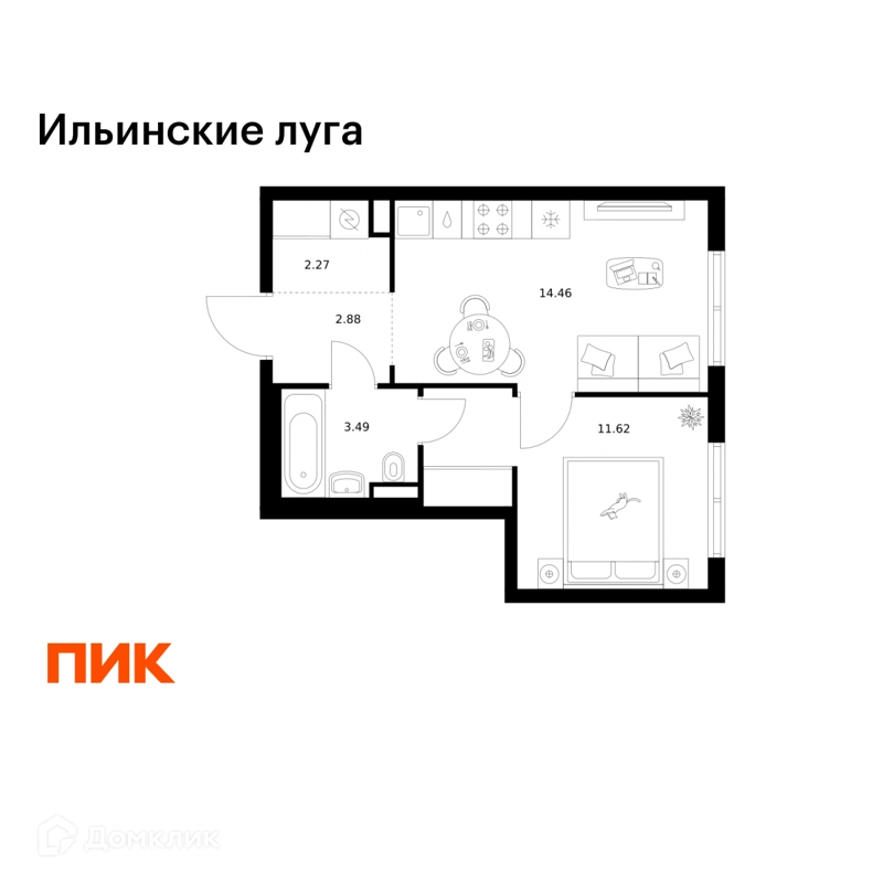 1-комнатная квартира 34.72 м² Ильинские луга