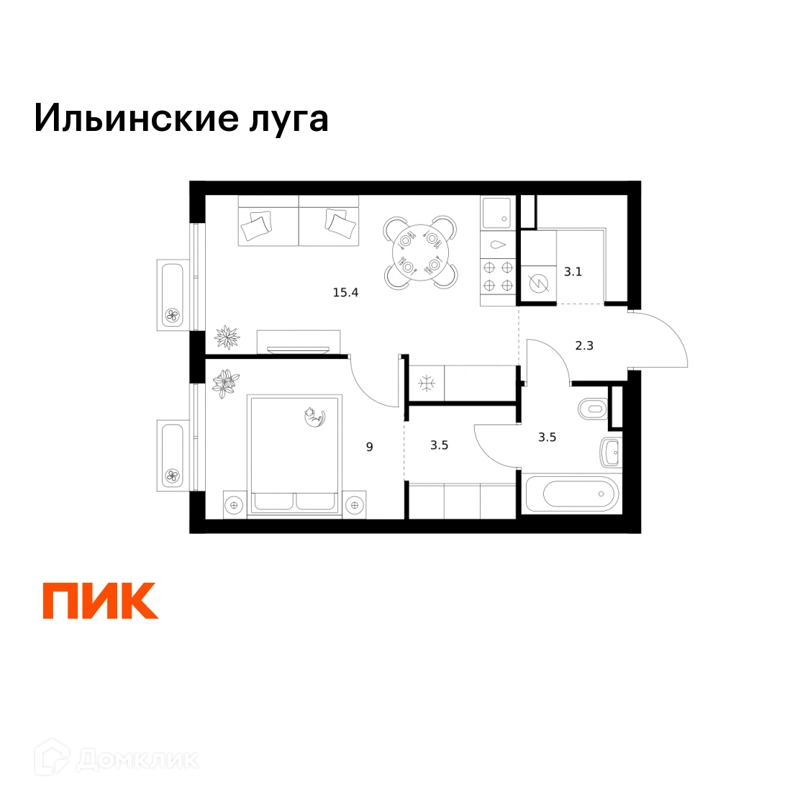 1-комнатная квартира 36.8 м² Ильинские луга