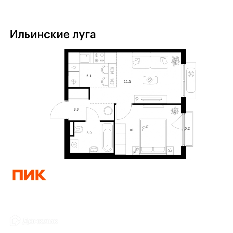 1-комнатная квартира 33.8 м² Ильинские луга